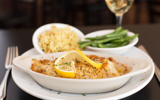 The Baked Haddock at 308 Lakeside is topped with house crumbs and white wine with a choice of two sides