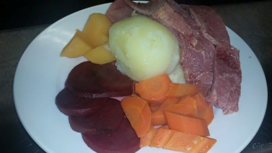 The corned beef meal at 308 Lakeside comes with sides of carrots, mashed potatoes and beets
